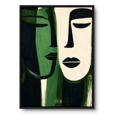 Abstract duality face painting, dark green-black profile mirroring a cream-white profile down a shared centre line, black frame
