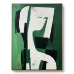 Abstract textured painting of a flowing white ribbon curve on forest green with black accent blocks, thin gold frame