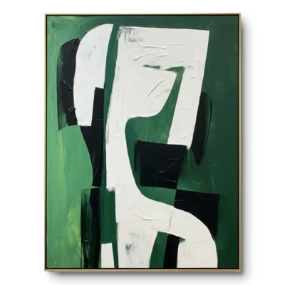 Abstract textured painting of a flowing white ribbon curve on forest green with black accent blocks, thin gold frame