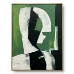 Abstract painting of a curved white hook-like arc on green with black accent shapes, thin gold frame