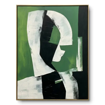 Abstract painting of a curved white hook-like arc on green with black accent shapes, thin gold frame
