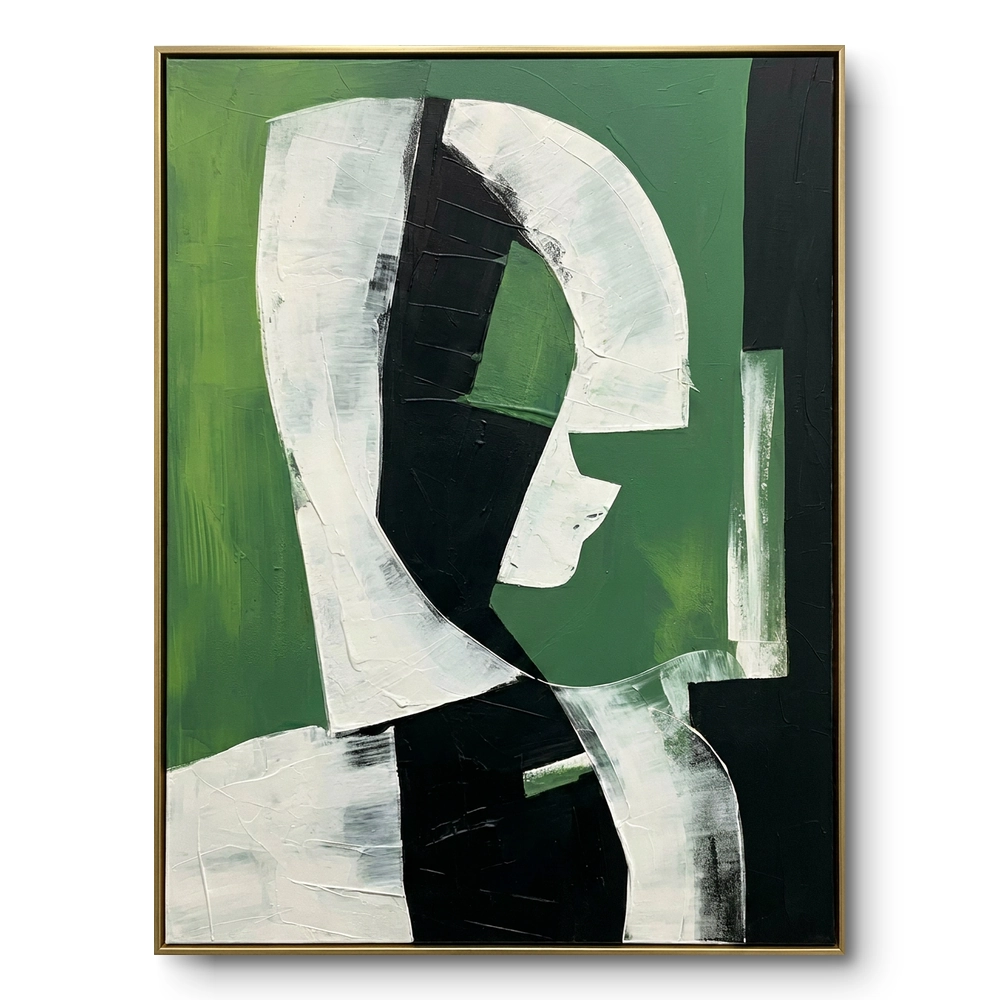 Abstract painting of a curved white hook-like arc on green with black accent shapes, thin gold frame