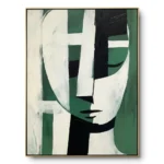 Cubist portrait painting, a face fragmented into white, green and black blocks with visible eyes, nose and lips, thin gold frame