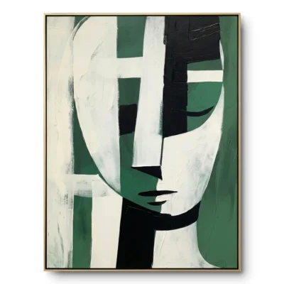 Cubist portrait painting, a face fragmented into white, green and black blocks with visible eyes, nose and lips, thin gold frame