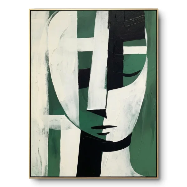Cubist portrait painting, a face fragmented into white, green and black blocks with visible eyes, nose and lips, thin gold frame