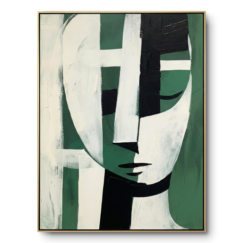 Cubist portrait painting, a face fragmented into white, green and black blocks with visible eyes, nose and lips, thin gold frame