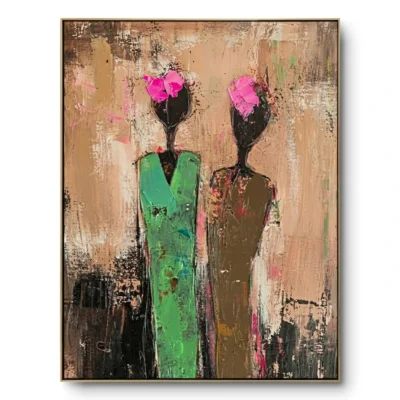 Textured painting of two elongated stick figures with pink flower heads against a tan-brown ground, gold thin frame