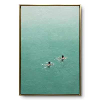 Minimalist aerial painting of two swimmers in teal-green water with small ripples trailing behind them, gold thin frame
