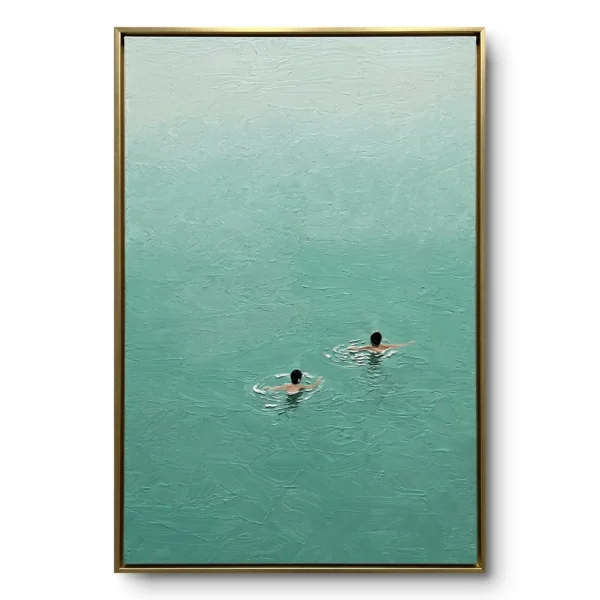 Minimalist aerial painting of two swimmers in teal-green water with small ripples trailing behind them, gold thin frame