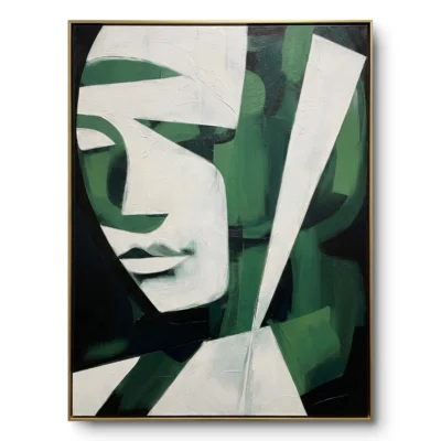 Cubist portrait painting, a white profile face fragmented into sharp angular green and black shards, thin gold frame