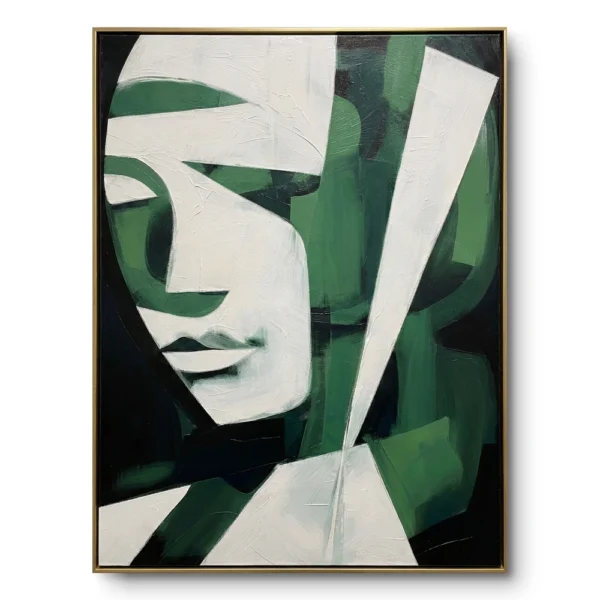 Cubist portrait painting, a white profile face fragmented into sharp angular green and black shards, thin gold frame