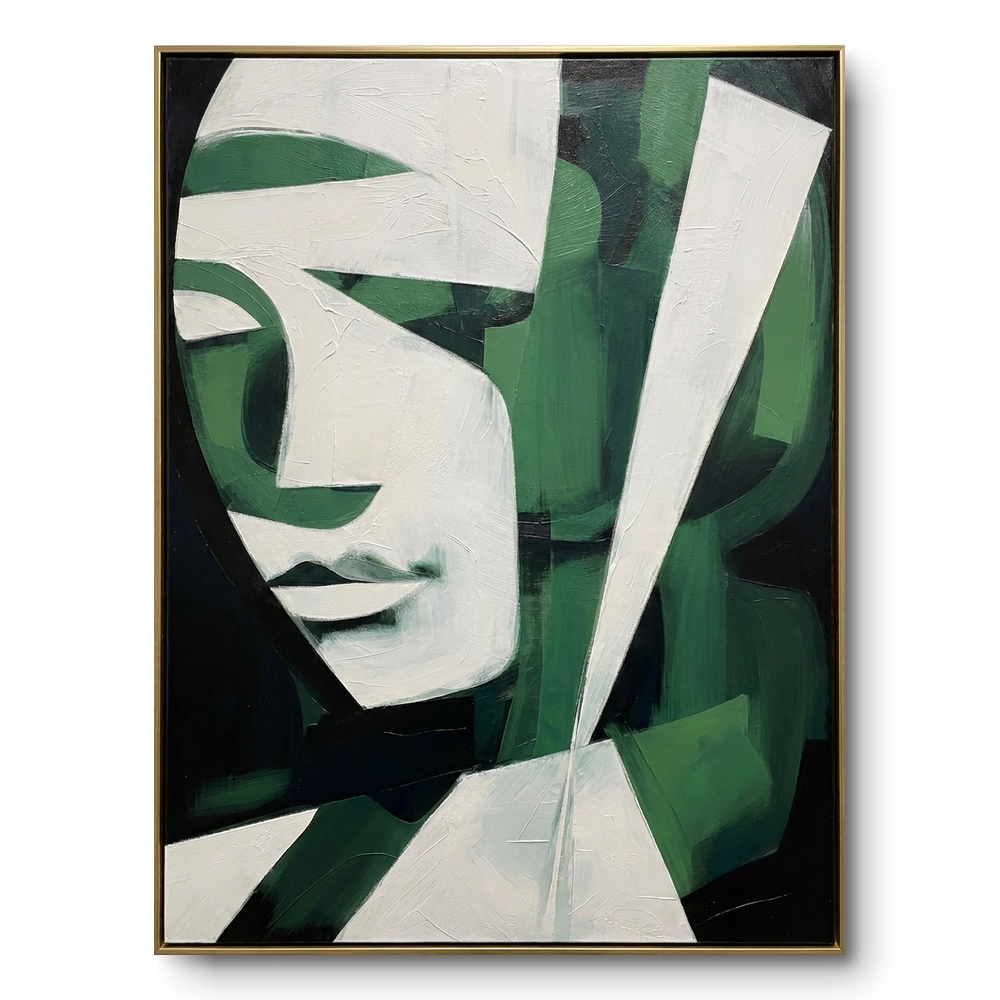 Cubist portrait painting, a white profile face fragmented into sharp angular green and black shards, thin gold frame