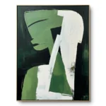Textured painting of a sage-green profile face above a draped white robe with gold-leaf accents, gold thin frame