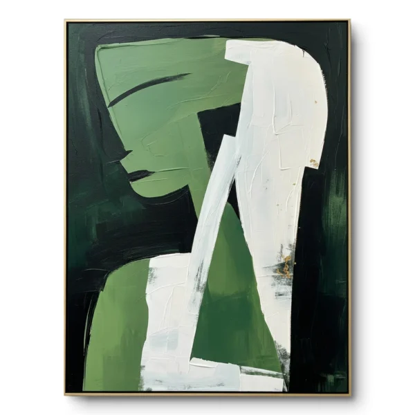 Textured painting of a sage-green profile face above a draped white robe with gold-leaf accents, gold thin frame