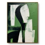 Abstract textured painting of draped white forms on green with a sweeping black curved band, gold thin frame