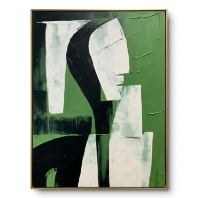 Abstract textured painting of draped white forms on green with a sweeping black curved band, gold thin frame