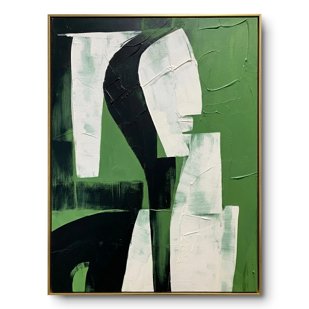 emerald-muse-textured-figurative-composition-abstract-art-corrected Abstract textured painting of draped white forms on green with a sweeping black curved band, gold thin frame
