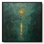 Textured nightscape painting of a glowing gold light column through a deep teal-green grid surface, black frame