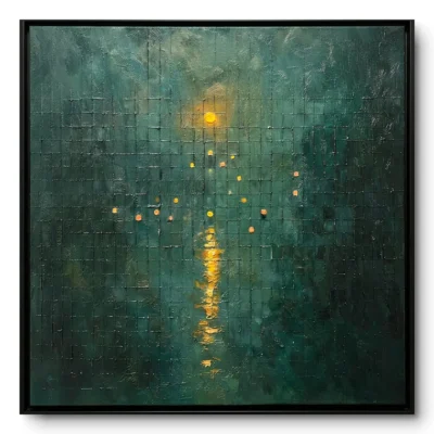 Textured nightscape painting of a glowing gold light column through a deep teal-green grid surface, black frame