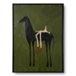 Whimsical textured painting of a black horse with a headless long-legged rider in red boots, olive-green ground, black frame