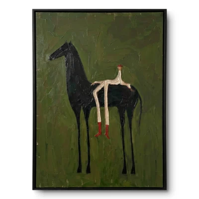 Whimsical textured painting of a black horse with a headless long-legged rider in red boots, olive-green ground, black frame