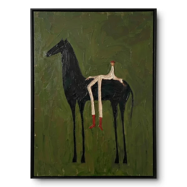Whimsical textured painting of a black horse with a headless long-legged rider in red boots, olive-green ground, black frame