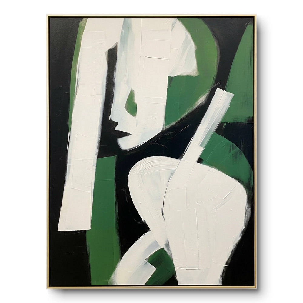 emerald-silhouette-bold-graphic-green-and-white-portrait-abstract-wall-art-corrected Abstract portrait painting, a profile face giving way to a sweeping white robe shape on a green-black ground, thin gold frame
