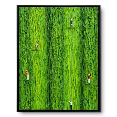 Heavily textured green abstract field in palette-knife impasto with five tiny golfer figures scattered across the canvas, thin black frame