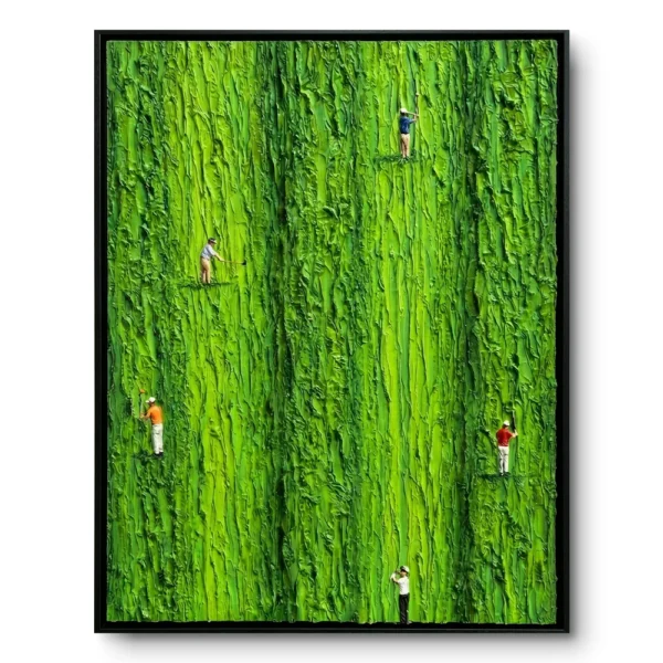 Heavily textured green abstract field in palette-knife impasto with five tiny golfer figures scattered across the canvas, thin black frame