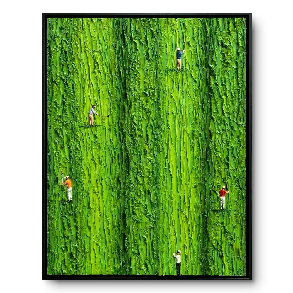 Heavily textured green abstract field in palette-knife impasto with five tiny golfer figures scattered across the canvas, thin black frame