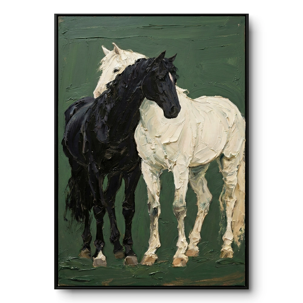 Textured painting of a black horse and white horse nuzzling together against a dark green ground, black frame
