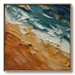Textured abstract coastal painting, diagonal bands of teal water meeting golden-brown sand, natural wood frame