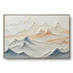 Heavily textured pastel mountain range painting in white, cream, blue and peach, natural wood frame