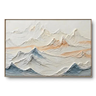 Heavily textured pastel mountain range painting in white, cream, blue and peach, natural wood frame