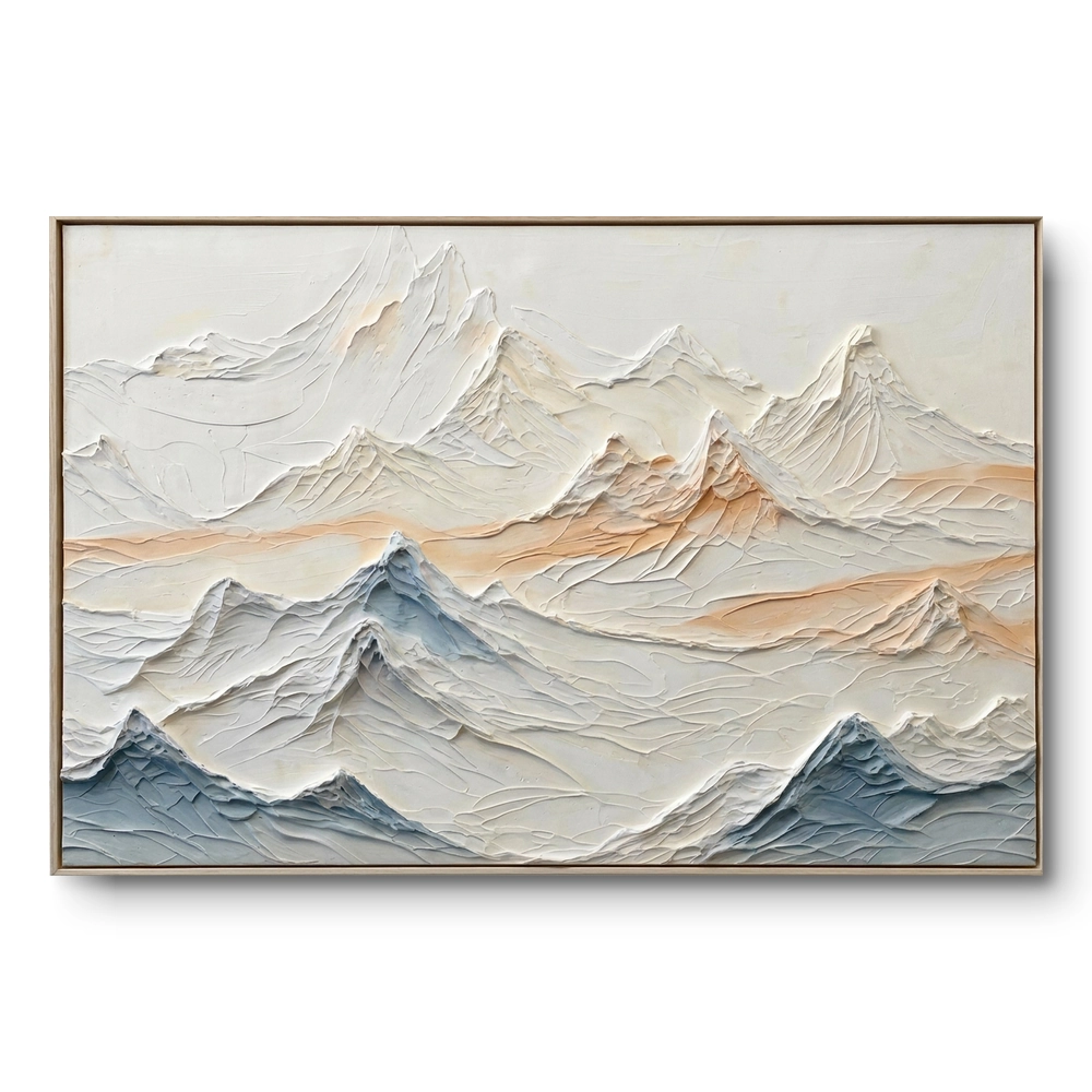 Heavily textured pastel mountain range painting in white, cream, blue and peach, natural wood frame