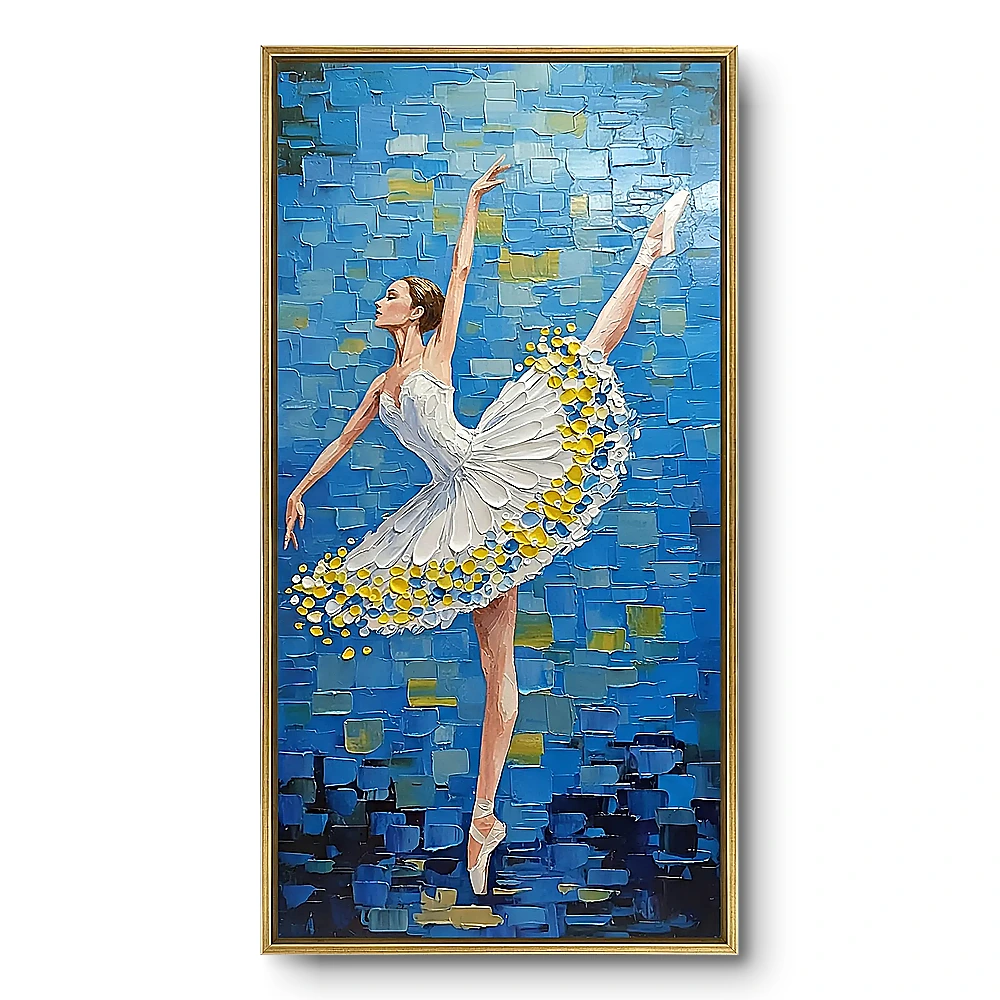 Textured painting of a ballerina in arabesque pose with a polka-dot tutu against a blue mosaic-tile ground, gold frame