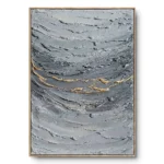 Textured minimalist painting of grey wave-like impasto with a thin gold vein crack running through it, natural wood frame
