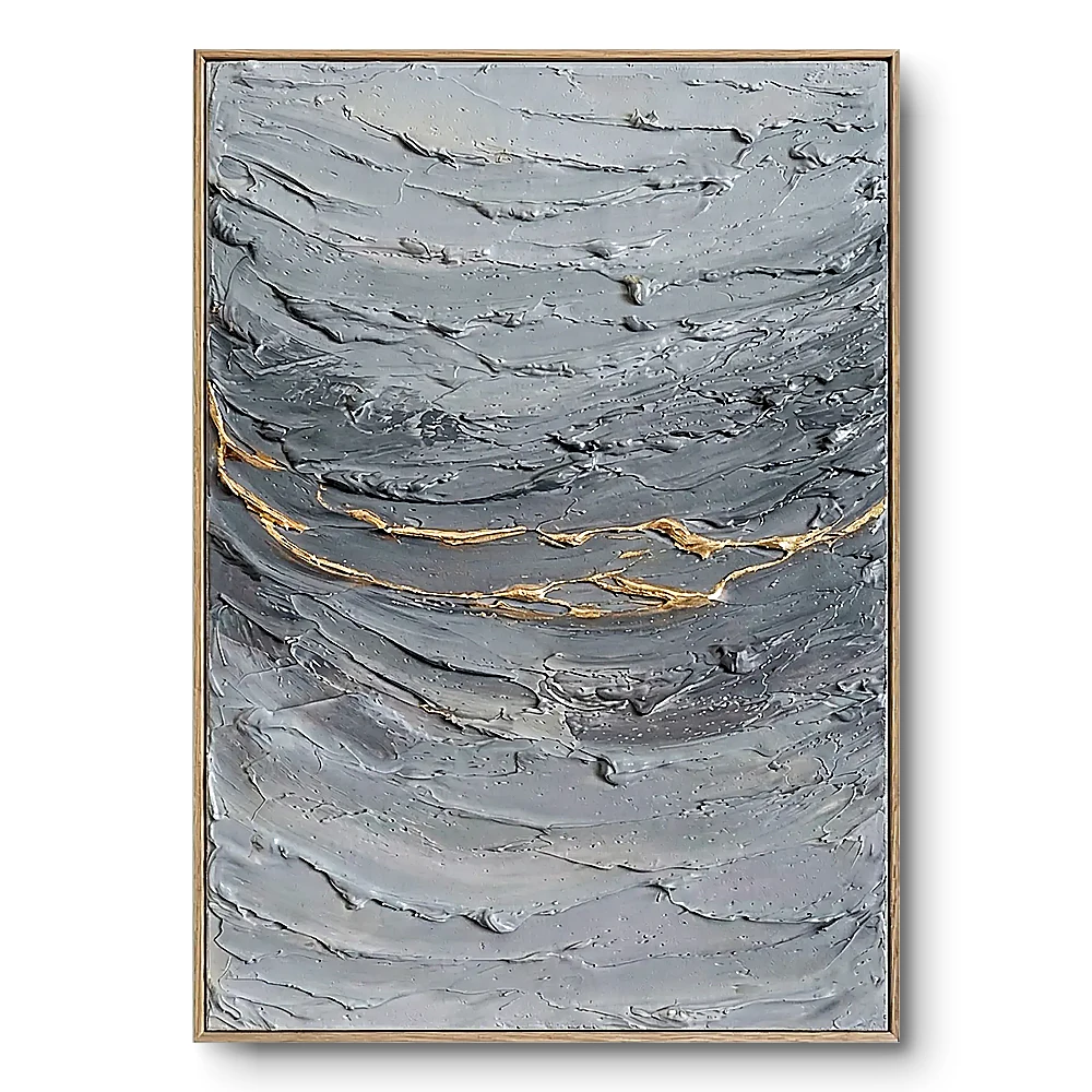 Textured minimalist painting of grey wave-like impasto with a thin gold vein crack running through it, natural wood frame
