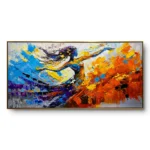 Textured abstract painting of a figure transitioning from blue-purple to orange-yellow energy, gold thin frame, panoramic