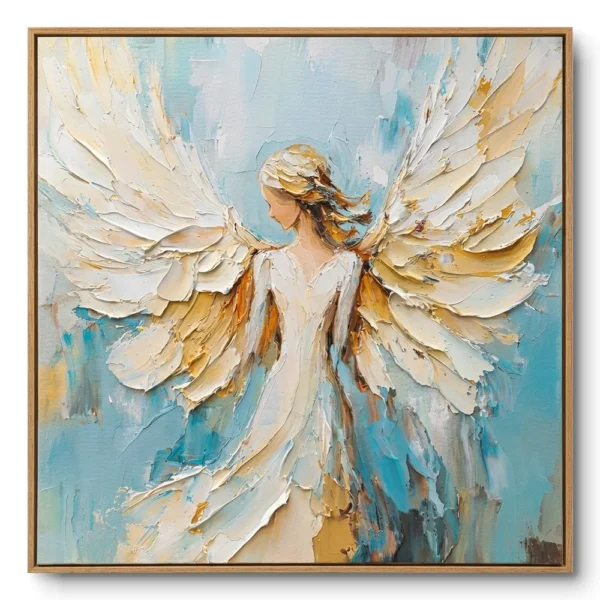 Textured impasto painting of a robed angel figure seen from behind with large feathered cream and gold wings against a blue ground, light wood frame