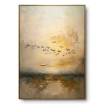 Textured painting of a V-formation of birds flying across a golden-beige sunset with a reflective horizon band, gold thin frame