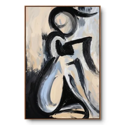 Abstract painting of a bold black calligraphic gestural shape on a cream, beige and grey ground, walnut frame
