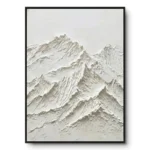 All-white raised plaster relief of a monochrome mountain peak, black frame