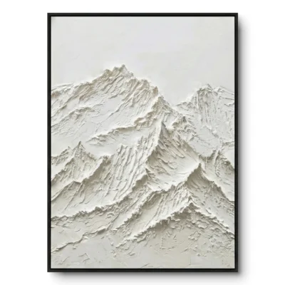 All-white raised plaster relief of a monochrome mountain peak, black frame