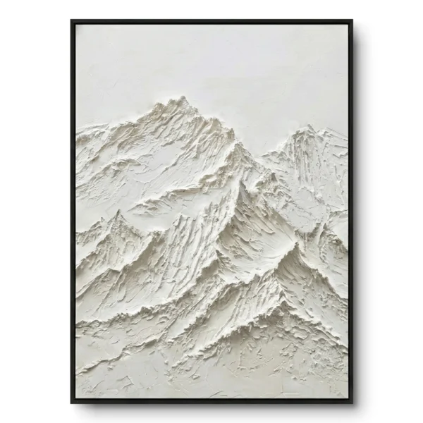All-white raised plaster relief of a monochrome mountain peak, black frame