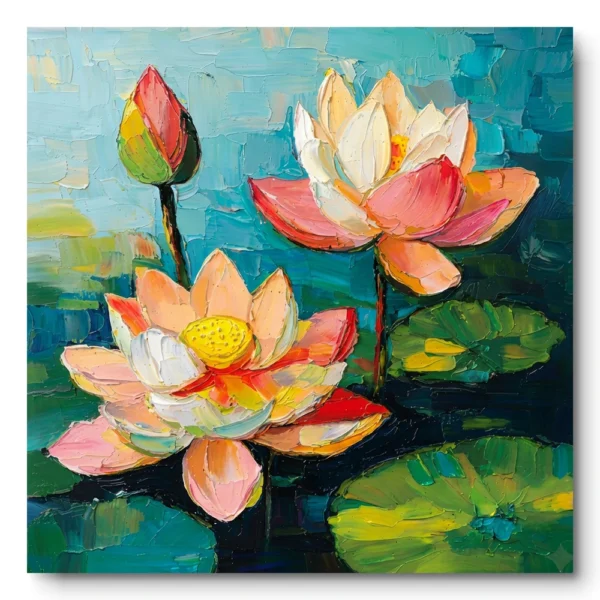 Textured painting of pink, white and yellow lotus flowers on teal water with lily pads, raw canvas edge