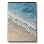 Aerial textured painting of blue-teal ocean waves meeting a sandy beach with heavy white surf, gold thin frame