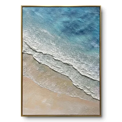 Aerial textured painting of blue-teal ocean waves meeting a sandy beach with heavy white surf, gold thin frame