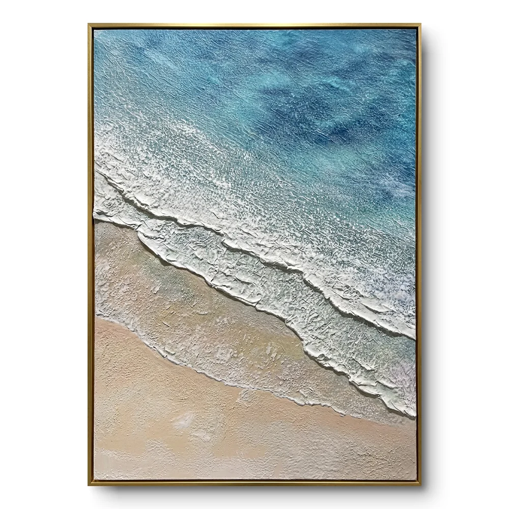 Aerial textured painting of blue-teal ocean waves meeting a sandy beach with heavy white surf, gold thin frame