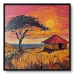 Textured impasto sunset landscape of a windswept acacia tree and thatched hut under a glowing orange and magenta sky, thin black frame